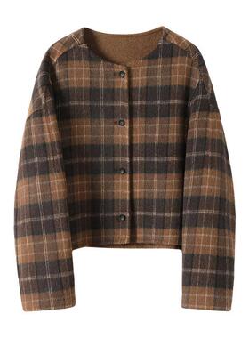 花木马双面呢复古格纹羊毛韩系短大衣毛呢大衣小个子1S28102