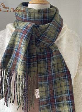 花木马复古绿色格纹围巾女士秋冬韩版保暖披肩个性围脖女1U29105