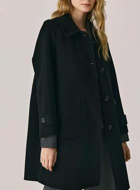 花木马双面呢单排扣中长款羊毛大衣纯色气质毛呢大衣1S28103