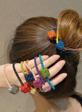 韩国彩色方块闪钻丸子头发圈百搭发饰网红皮套扎头发橡皮筋发绳