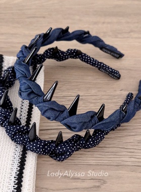 牛仔发箍～带齿碎发波浪压发高炉顶外出显脸小头箍藏蓝波点洗脸