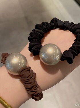 韩国东大门新款高级感香槟色大珍珠冰丝面膜发圈简约小香风头绳女