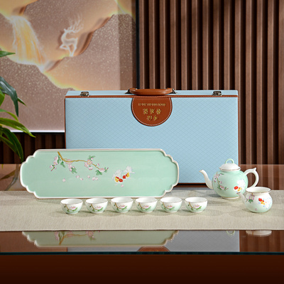 唐山手绘陶瓷茶具套装家用功夫泡茶壶盖碗青瓷手绘荷花鲤鱼中式