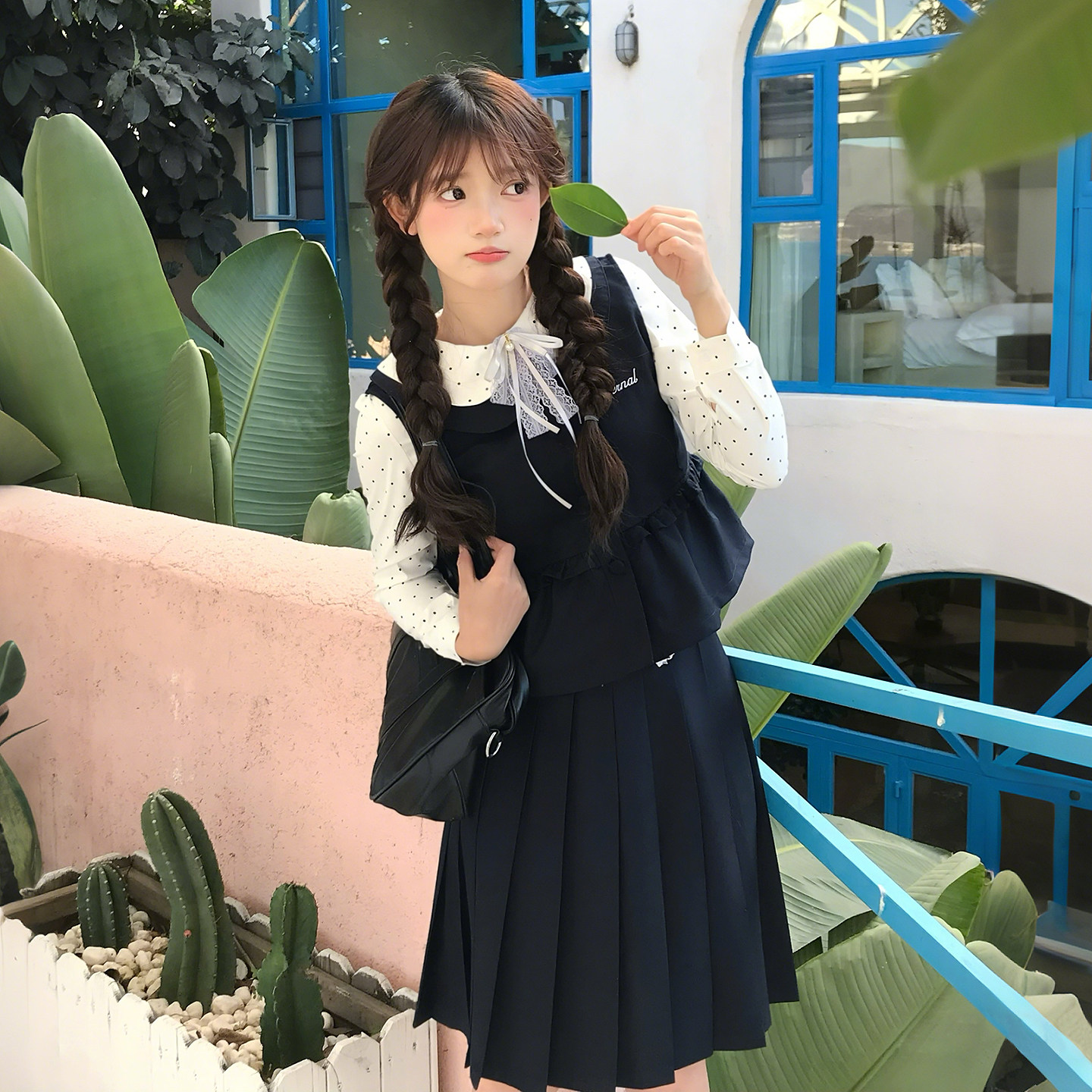 十字银河原创jk制服套装春季 学院风波点长袖衬衫百褶A裙马甲上衣