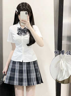 夏季白色收腰衬衫辣妹学院纯欲风短袖衬衣JK制服百褶裙两件套装女