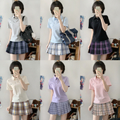 POLO衫 运动款 T恤女学生百褶裙套装 学院风jk短袖 收腰白色衬衫 上衣