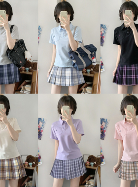 学院风jk短袖POLO衫运动款T恤女学生百褶裙套装 收腰白色衬衫上衣