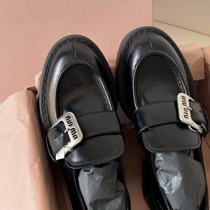 牛皮英伦风小皮鞋女真皮字母方扣厚底单鞋松糕乐福鞋小个子老爹鞋