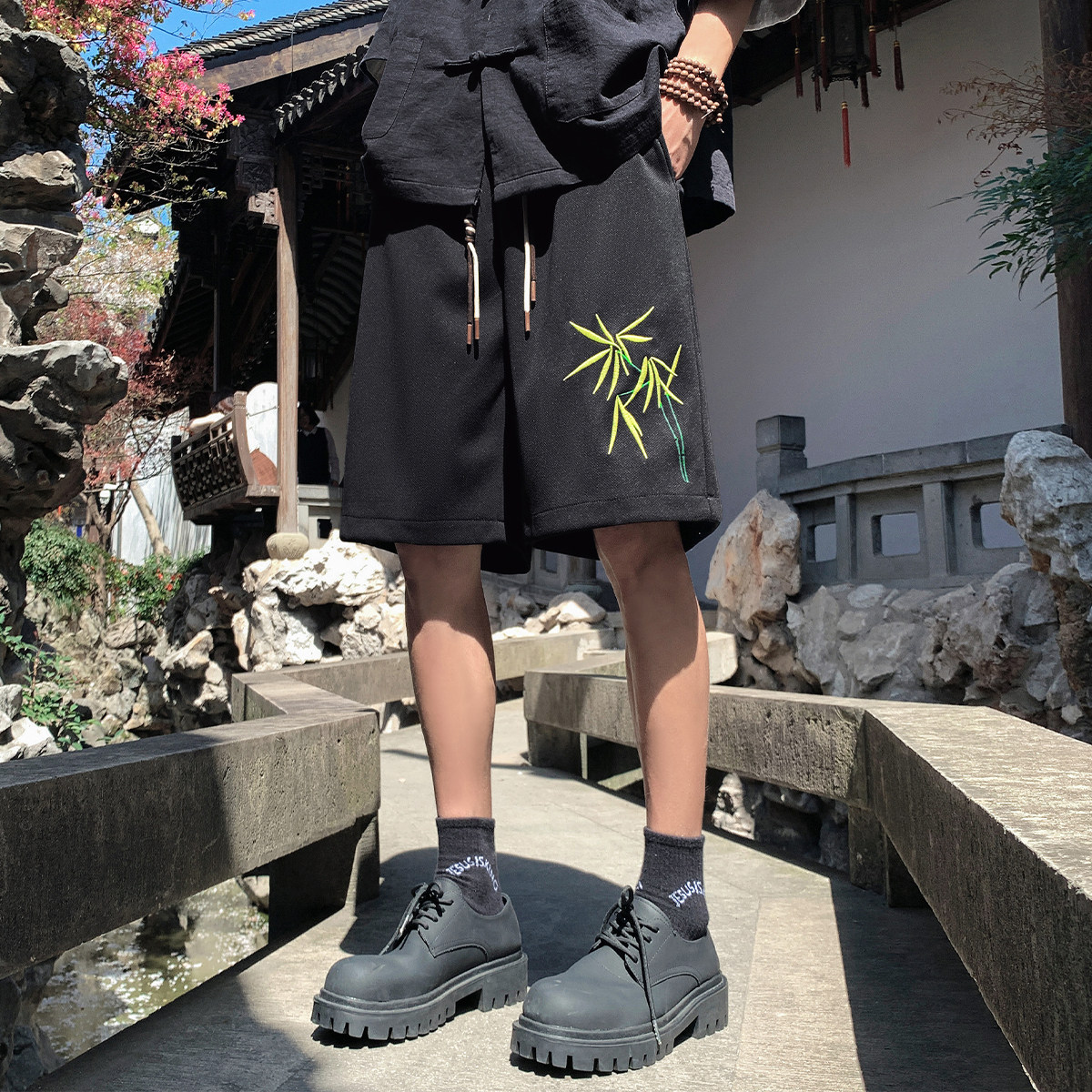 A107-DK6028-特P30夏季新品菠萝格舒适透气新中式男百搭潮牌短裤,男装牛仔裤,电商A107