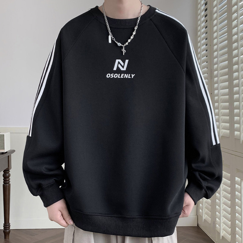 美式条纹圆领卫衣男秋季高街痞帅套头上衣服男生潮流大码休闲外套，男装卫衣，电商A107