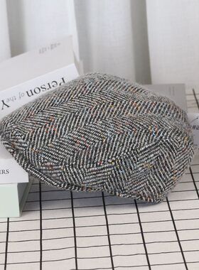 VISON 鸭舌帽英伦复古前进帽冬加厚保暖贝雷帽子夹棉人字纹男女潮