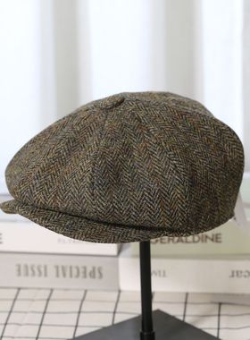 VISON 英伦复古八角帽男哈里斯报童帽女羊毛贝雷帽人字纹秋冬加厚