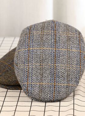 VISON 英伦前进帽复古鸭舌帽男女加棉加厚秋冬羊毛格子鸭嘴帽子潮