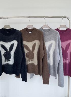 2024新款慵懒风圆领毛衣男休闲宽松秋冬小众logo卡通兔子针织衫