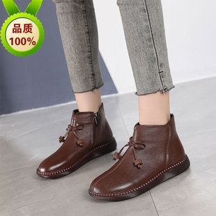 真皮平底短靴女31小码3233小脚单靴软牛皮软底平跟靴子43大码冬靴