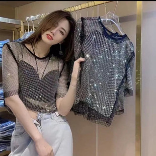蹦迪彩色闪彩钻短袖网衫罩衫电音节穿搭亮闪闪上衣T恤透视百搭衫