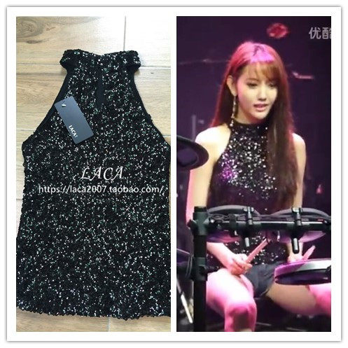 韩国风 双面亮片露肩挂脖亮片打底衫短装衫舞台服装