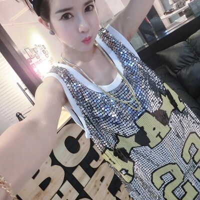 韩国风春夏个性背心连衣裙闪亮片大码宽松休闲无袖背心长T恤bling