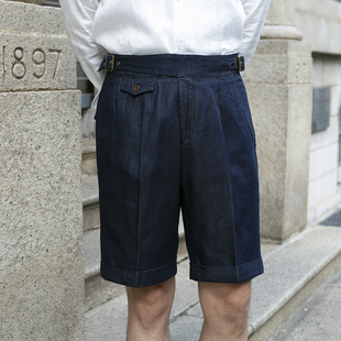 休闲复古水洗那不勒斯牛仔短裤男意式廓尔格巴黎扣直筒帅气五分裤