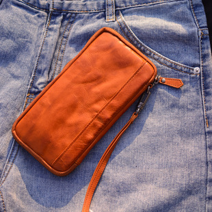 纯手工牛皮长款钱包复古做旧多卡包男士手包真皮大容量拉链手机包