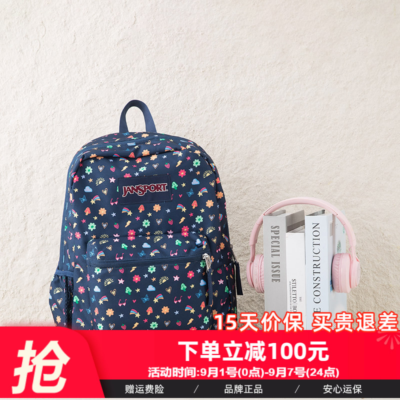 JANSPORT复古印花双肩包跳跳糖女学生书包大容量轻便背包