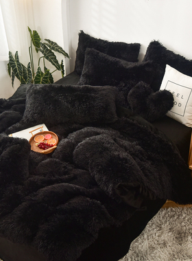 黑色水貂绒四件套双面珊瑚绒被套床笠款法兰绒冬季三件套床上用品