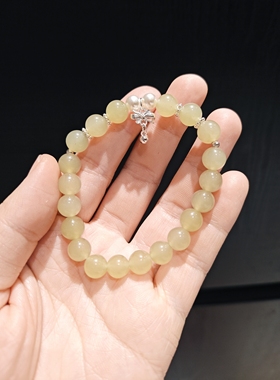 8m天青冻岫玉青提配贝珠蝴蝶结手串手链