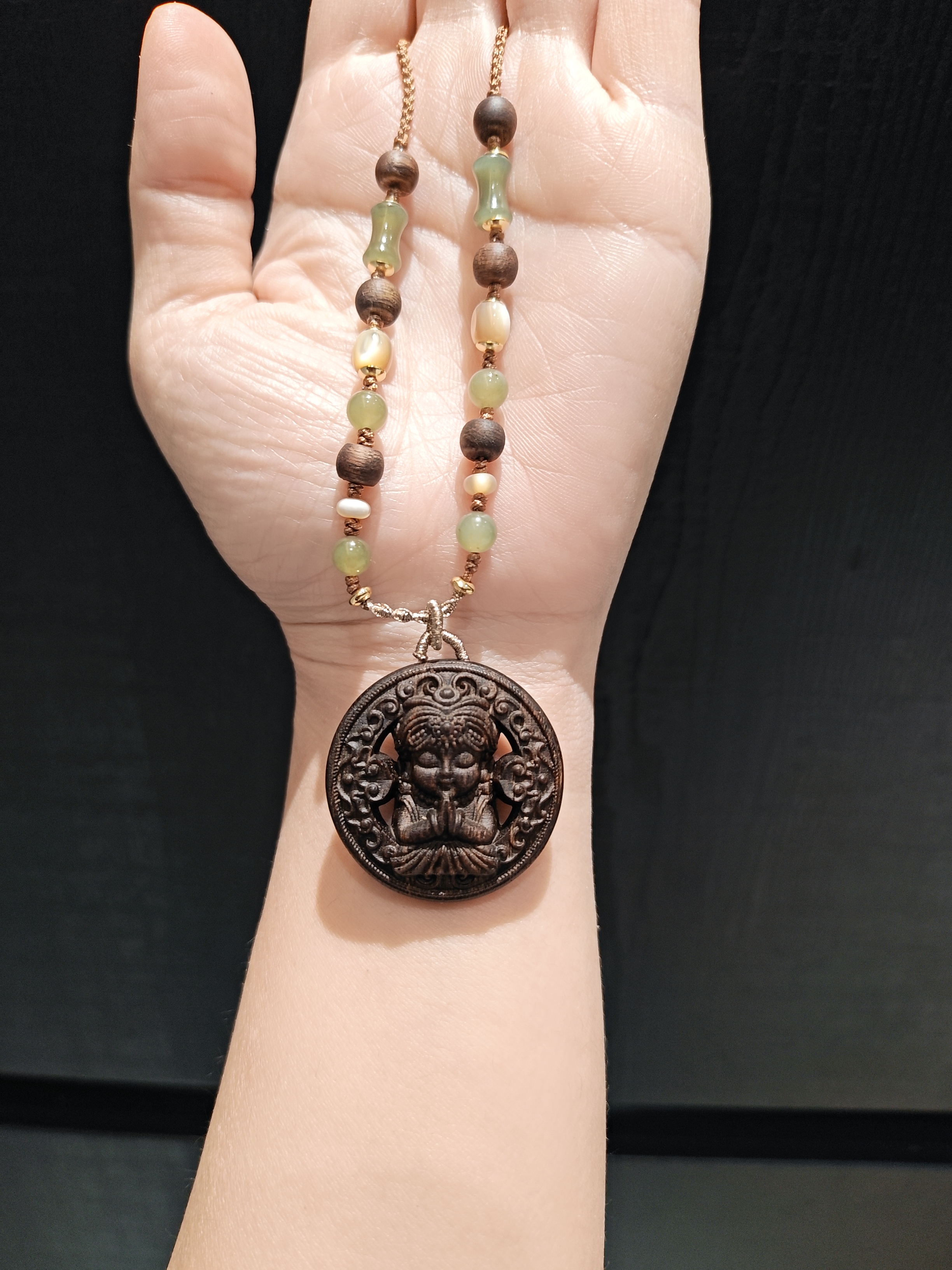 34m沉水级富森红土双面雕刻扎基拉姆配和田玉手编绳项链毛衣链