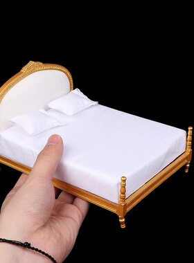 1:12娃娃屋12分8分OB11/GSC迷你卧室家具模型 金色双人床微缩小床