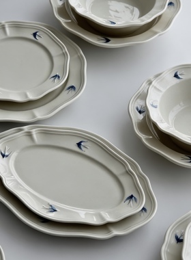 诺裔 日本器 STUDIOM 法式复古飞鸟浮雕米白色陶瓷日用餐具燕子盘