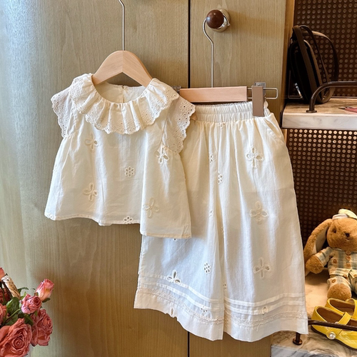 HHkids女童重工刺绣花朵娃娃衫无袖上衣+镂空阔腿裤两件套ATZ650