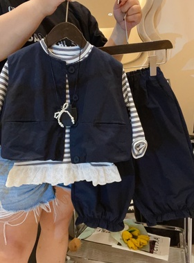 HHkids女童工装马甲三件套2025新款洋气休闲运动条纹套装ATZ015