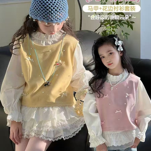 女童春季 套装 洋气蕾丝打底衫 女宝宝蝴蝶结背心两件套 新款