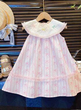 HHkids女童甜美风夏季大翻领彩色蝴蝶结无袖蕾丝花边连衣裙CQZ268