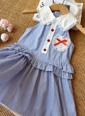 HHkids甜美可爱风娃娃领格子连衣裙女夏季蝴蝶结蛋糕裙CQZ0365