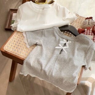 HHkids线下定制女童蕾丝蝴蝶结短袖 镂空甜美上衣ACT256 T恤夏新款