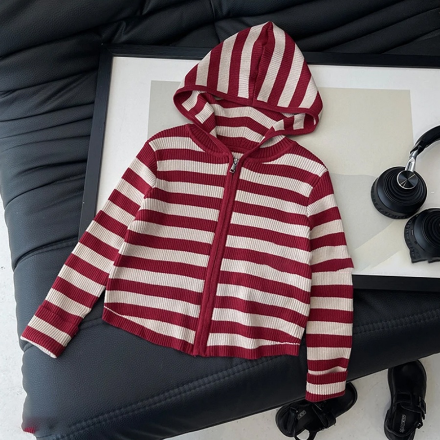 HHkids韩版毛衣拉链时髦修身上衣儿童短款条纹针织连帽外套AWT021