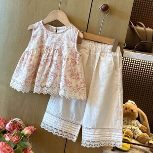 HHkids女童夏季镂空蕾丝套装甜美碎花无袖背心阔腿裤两件套ATZ398