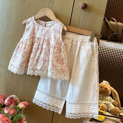 HHkids女童夏季镂空蕾丝套装甜美碎花无袖背心阔腿裤两件套ATZ398