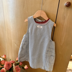 HHkids女童牛仔背带裙套装条纹打底背心韩系连衣裙两件套ATZ045