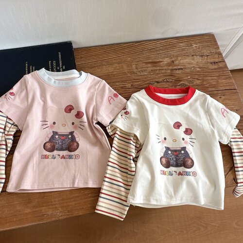 甜喵书笺～秋凯蒂猫印花条纹插肩假两件圆领女童长袖打底衫GCT271