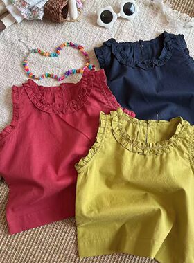 HHkids棉麻轻语韩妈定制女童精致木耳花边薄款棉布背心无袖DDT008
