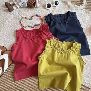 HHkids棉麻轻语韩妈定制女童精致木耳花边薄款棉布背心无袖DDT008