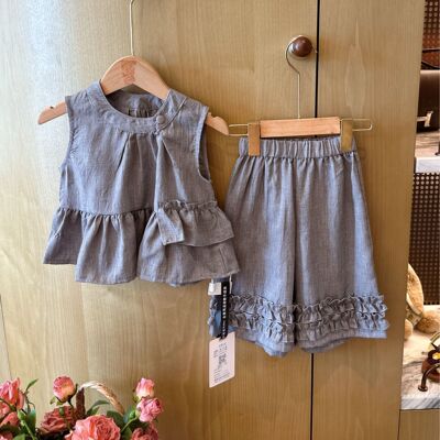 HHkids女童夏装洋气时髦荷叶边无袖衬衫韩版宽松休闲两件套BTZ269