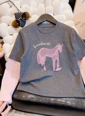 2026定制新款韩国童装女童长袖t恤假两件春秋新款小马打底衫