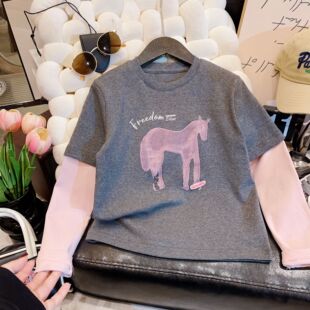 2026定制新款韩国童装女童长袖t恤假两件春秋新款小马打底衫