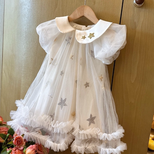 HHkids宝宝法式星星亮片网纱泡泡袖生日宴会礼服裙AQZ042
