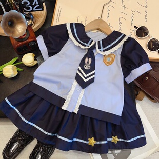 衬衫 HHkids2026女童夏季 新款 兔子警官短袖 HTZ292 星星刺绣短裙套装