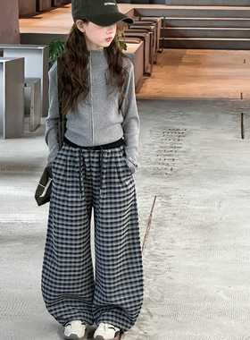 女童秋季新款套装休闲纯色拉链上衣格子弯裤休闲百搭两件套HTZ039