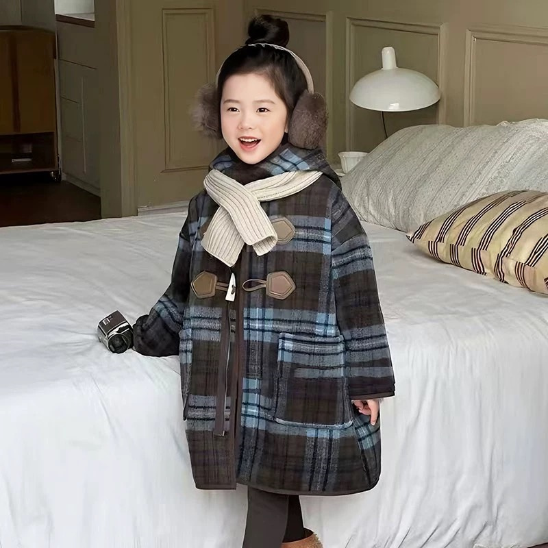 女童加绒连帽格子大衣2025冬季新品儿童洋气连帽一体绒外套CWT251